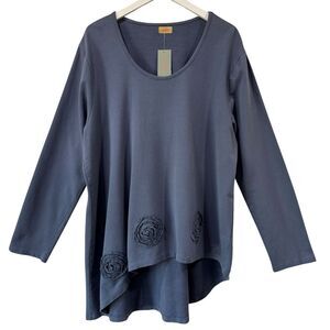 Tulip Tunic Top Knit Asymmetrical Long Sleeve Slate Blue Rosettes Lagenlook XL